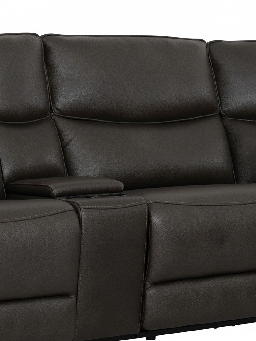Sofa sectionnel inclinable TOCO Meubles en cuir brun foncé avec console centrale et porte-gobelets intégrés
