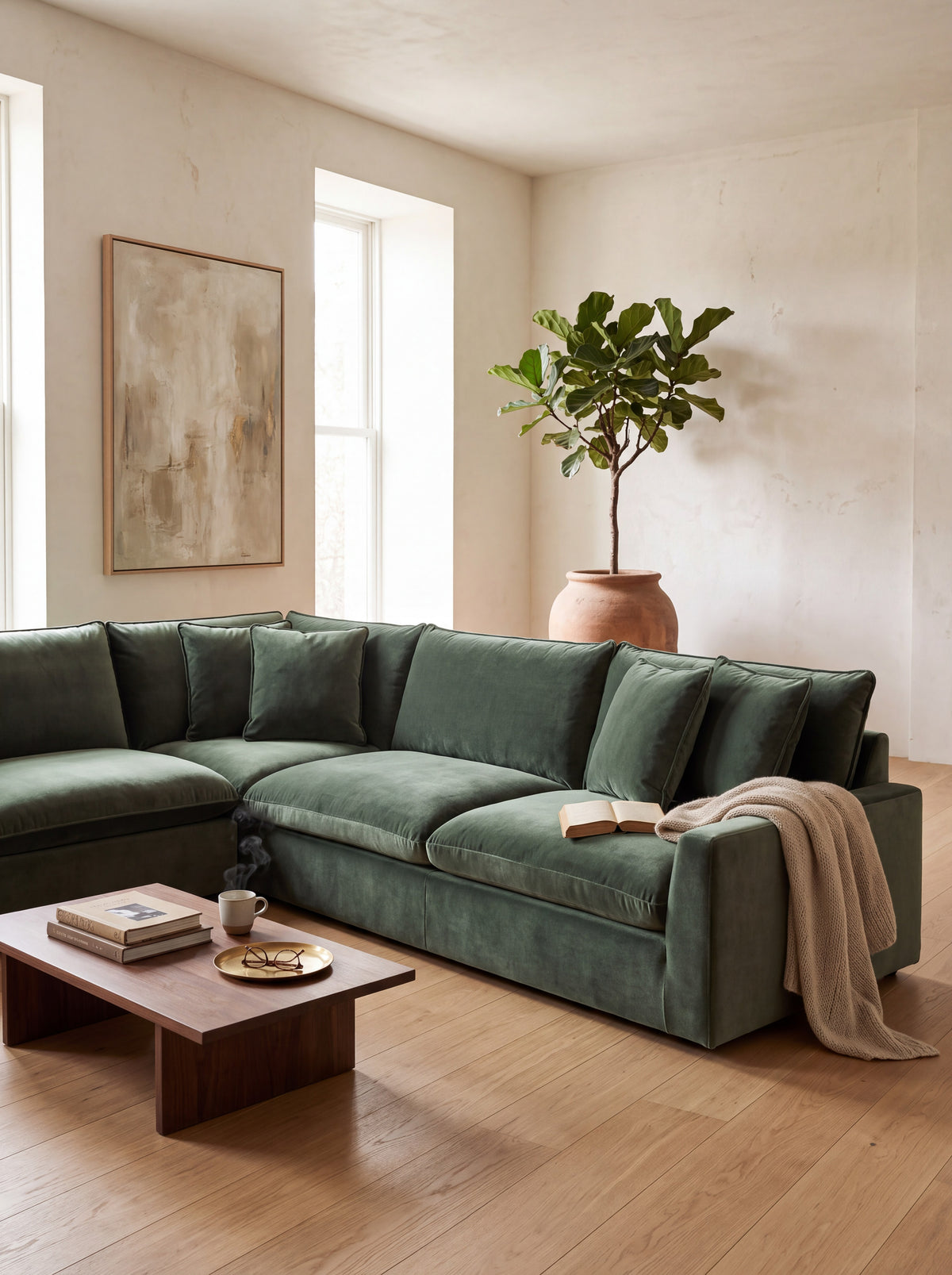 Sofa sectionnel Elliott vert forêt en velours de TOCO Meubles, avec coussins moelleux et accoudoirs bas.