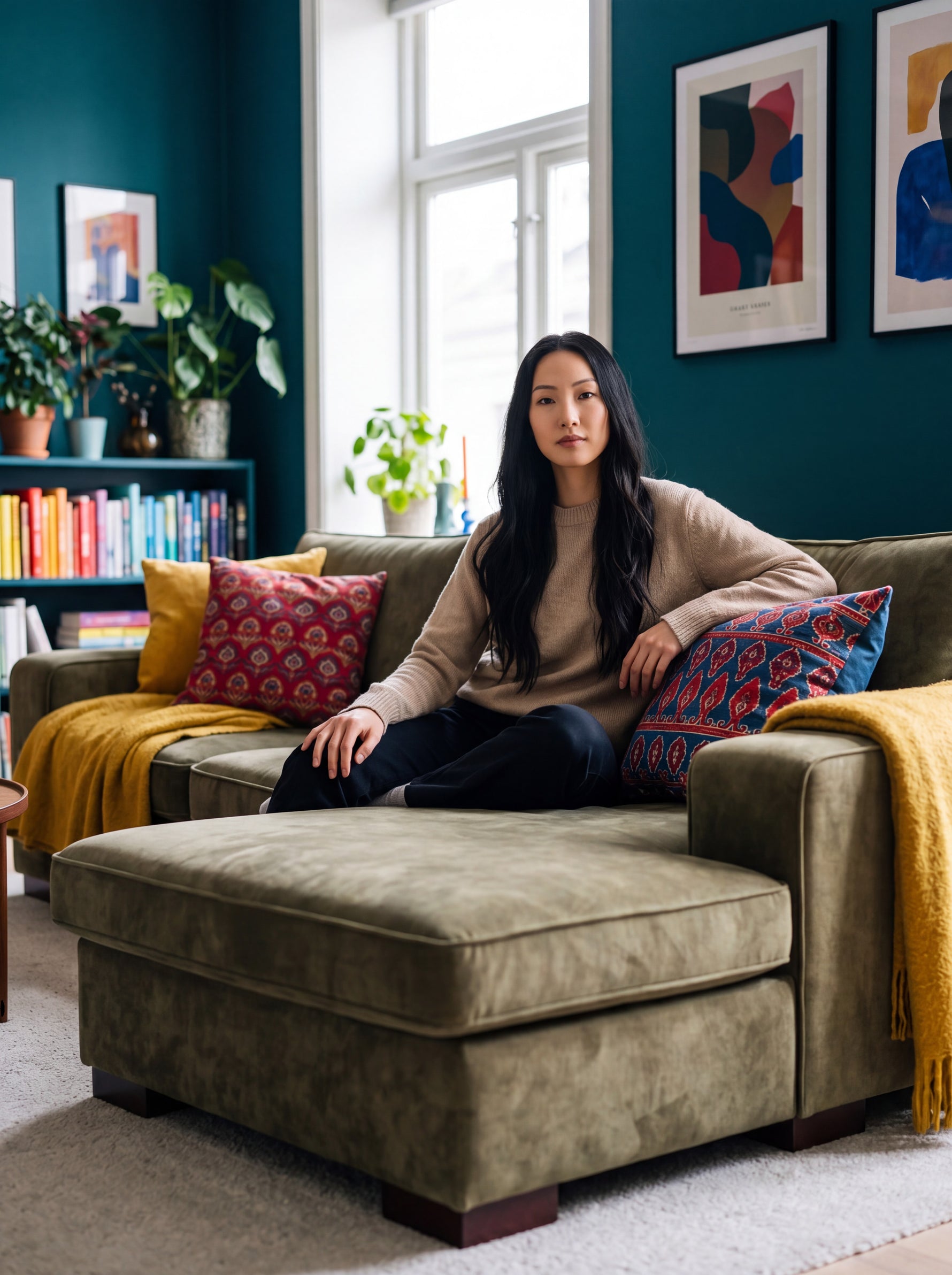 Femme assise sur un sofa sectionnel Forest vert olive personnalisable de TOCO Meubles dans un salon moderne.