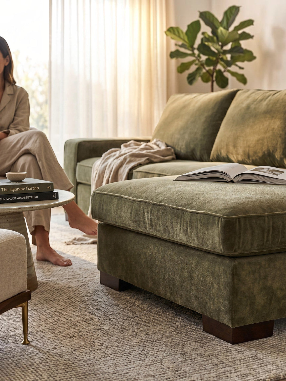 Sofa sectionnel Forest TOCO Meubles en velours vert olive avec repose-pieds dans un salon lumineux et moderne