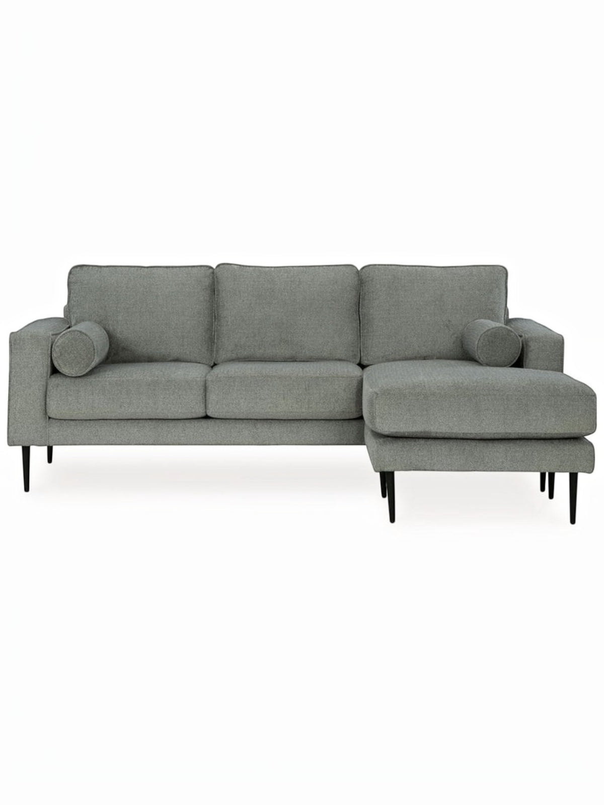 Sofa sectionnel Zela gris anthracite avec méridienne et coussins cylindriques, proposé par TOCO Meubles