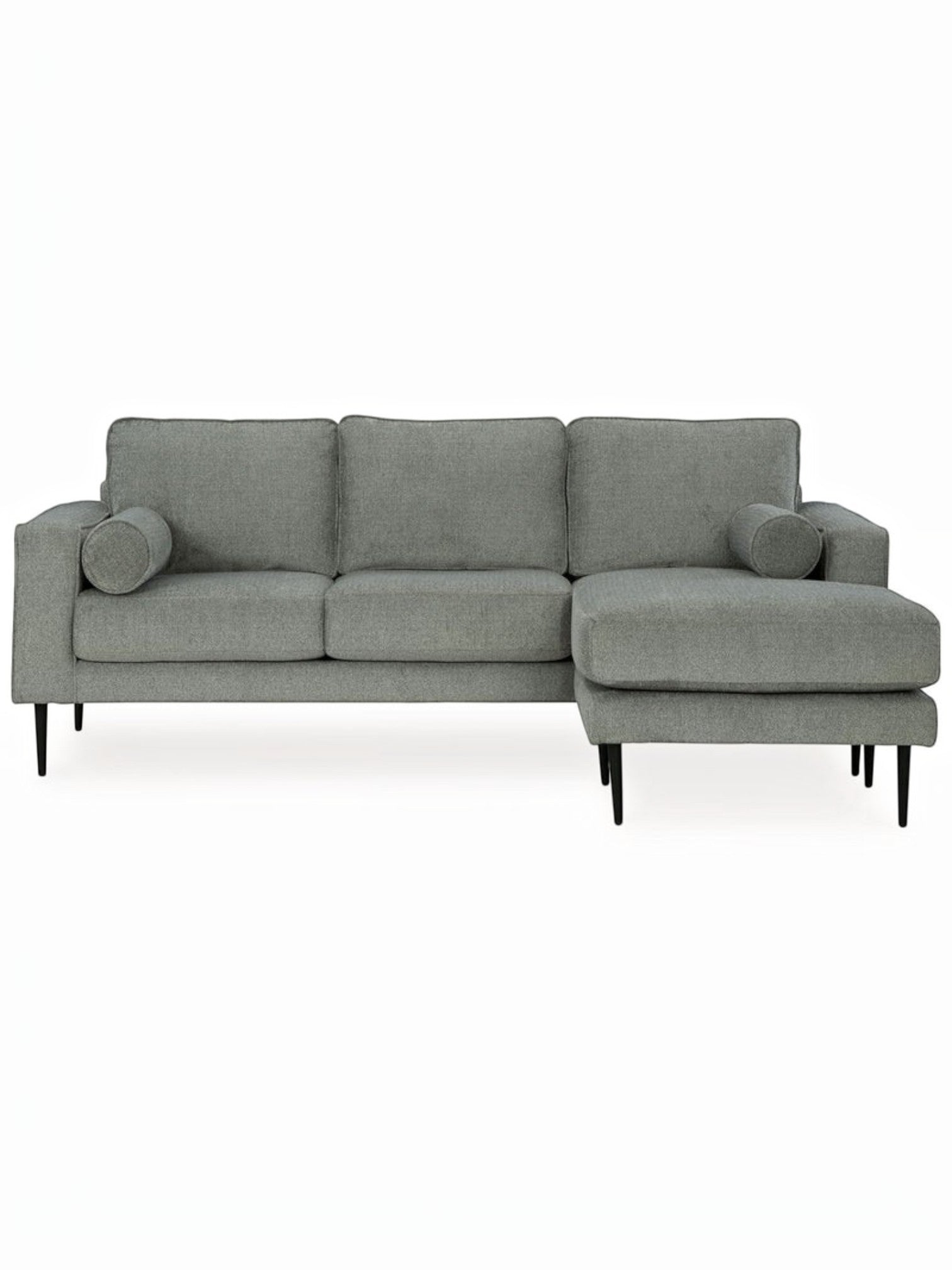Sofa sectionnel Zela gris anthracite avec méridienne et coussins cylindriques, proposé par TOCO Meubles