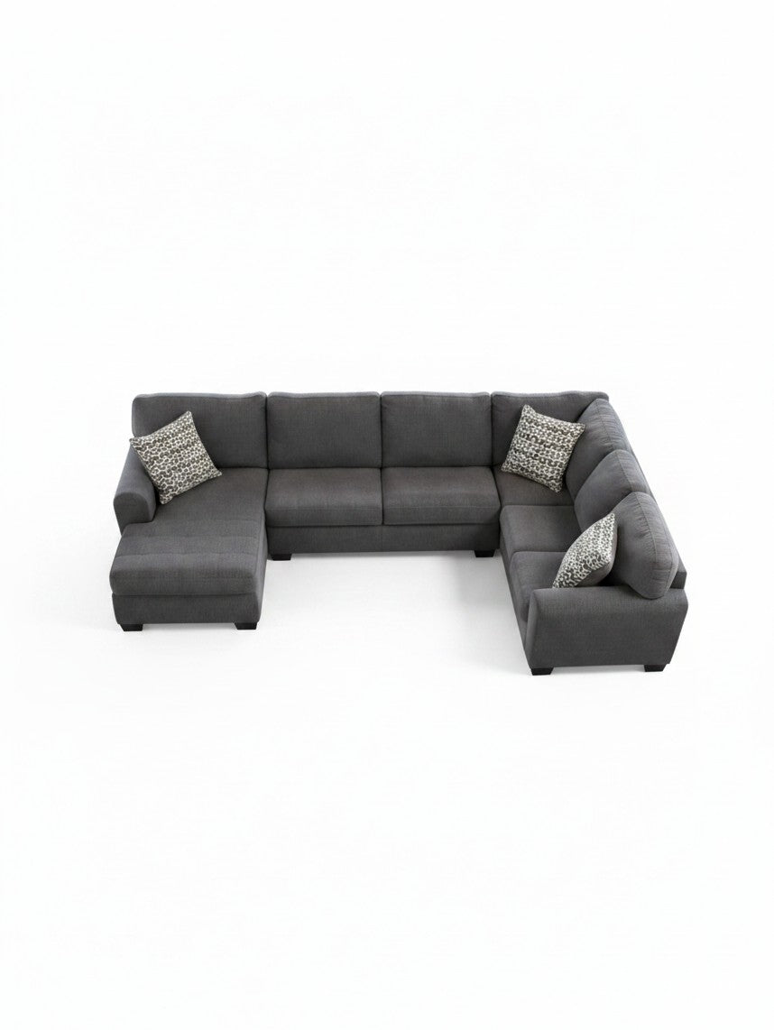 Sofa sectionnel TOCO Meubles Ambee en tissu gris ardoise avec méridienne et coussins décoratifs à motifs