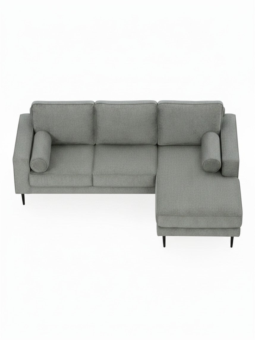 Sofa sectionnel Zela de TOCO Meubles en tissu gris anthracite avec chaise longue et coussins cylindriques