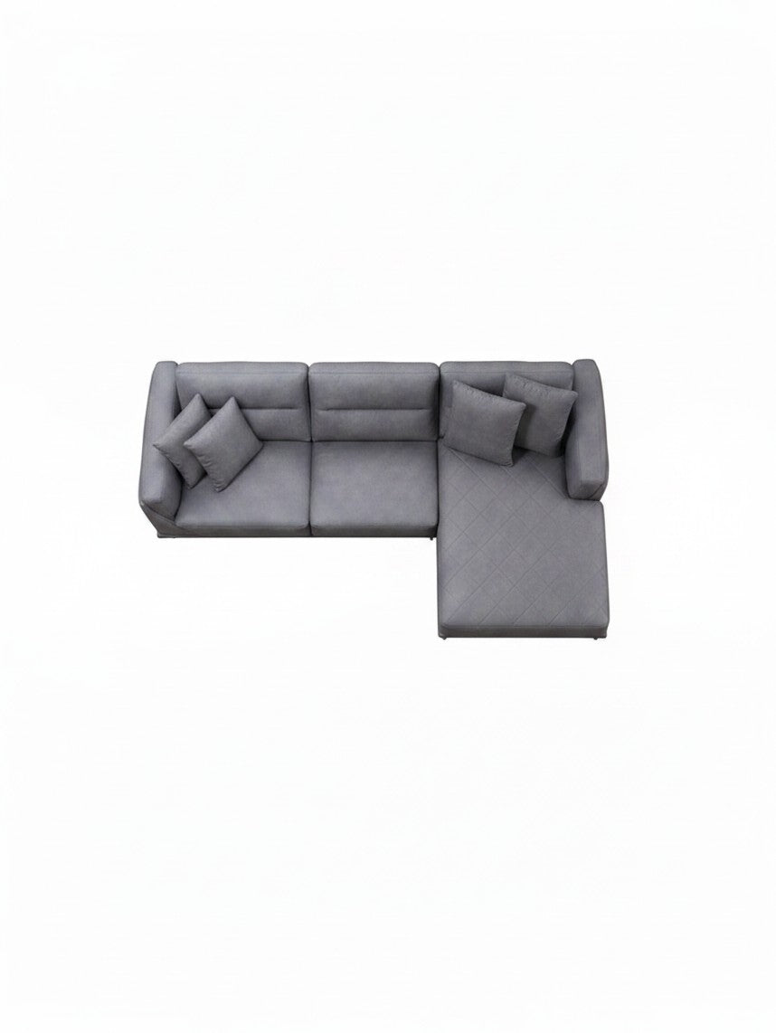 Sofa sectionnel gris TOCO Meubles avec méridienne à droite et quatre coussins décoratifs, vue de dessus