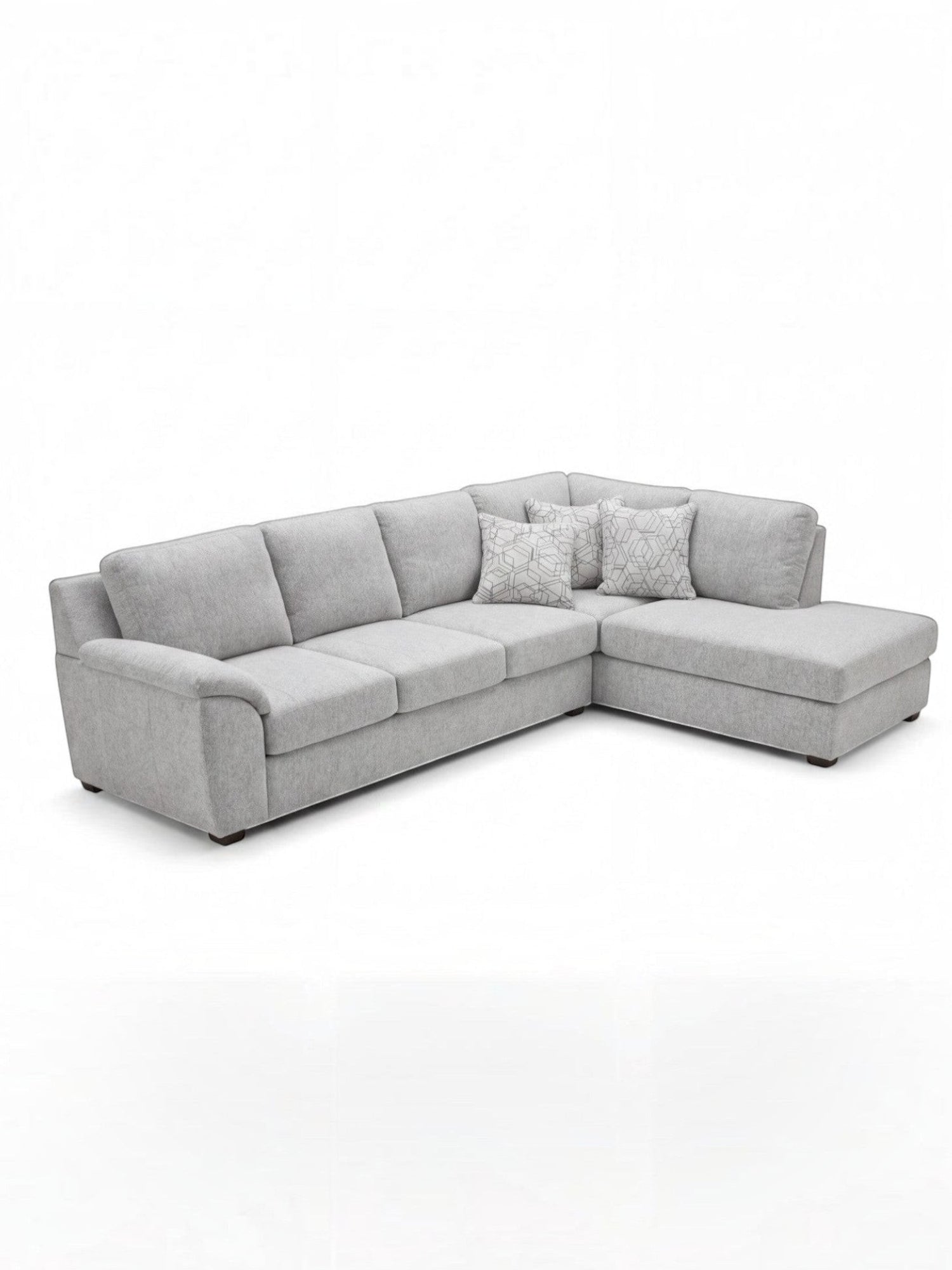 Sofa sectionnel gris TOCO Meubles avec méridienne et coussins décoratifs à motifs géométriques, design moderne.