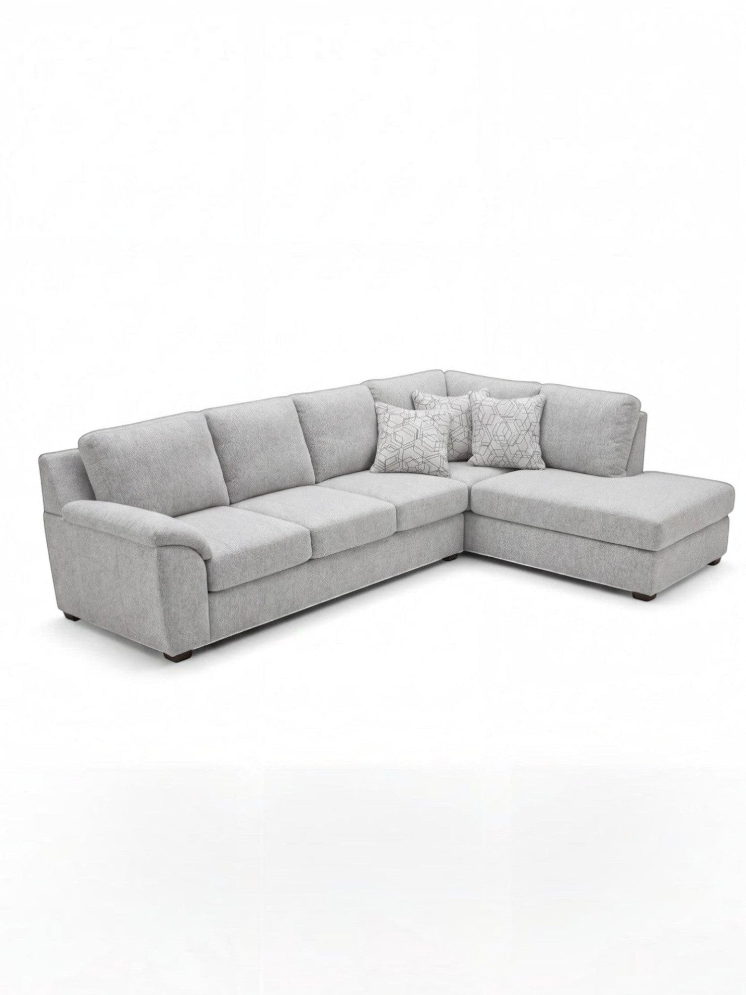Sofa sectionnel gris TOCO Meubles avec méridienne et coussins décoratifs à motifs géométriques, design moderne.