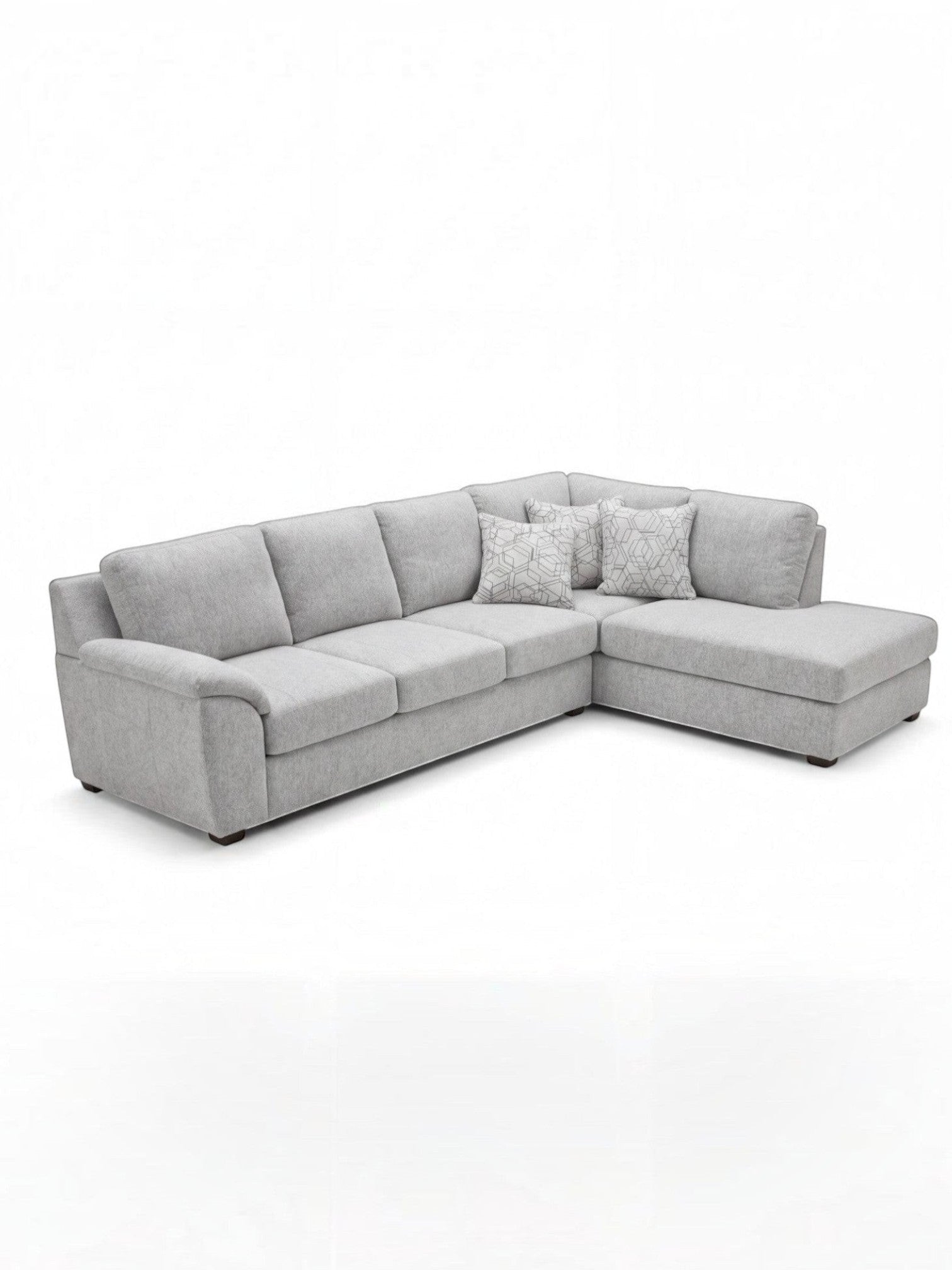 Sofa sectionnel gris TOCO Meubles avec méridienne et coussins décoratifs à motifs géométriques, design moderne.