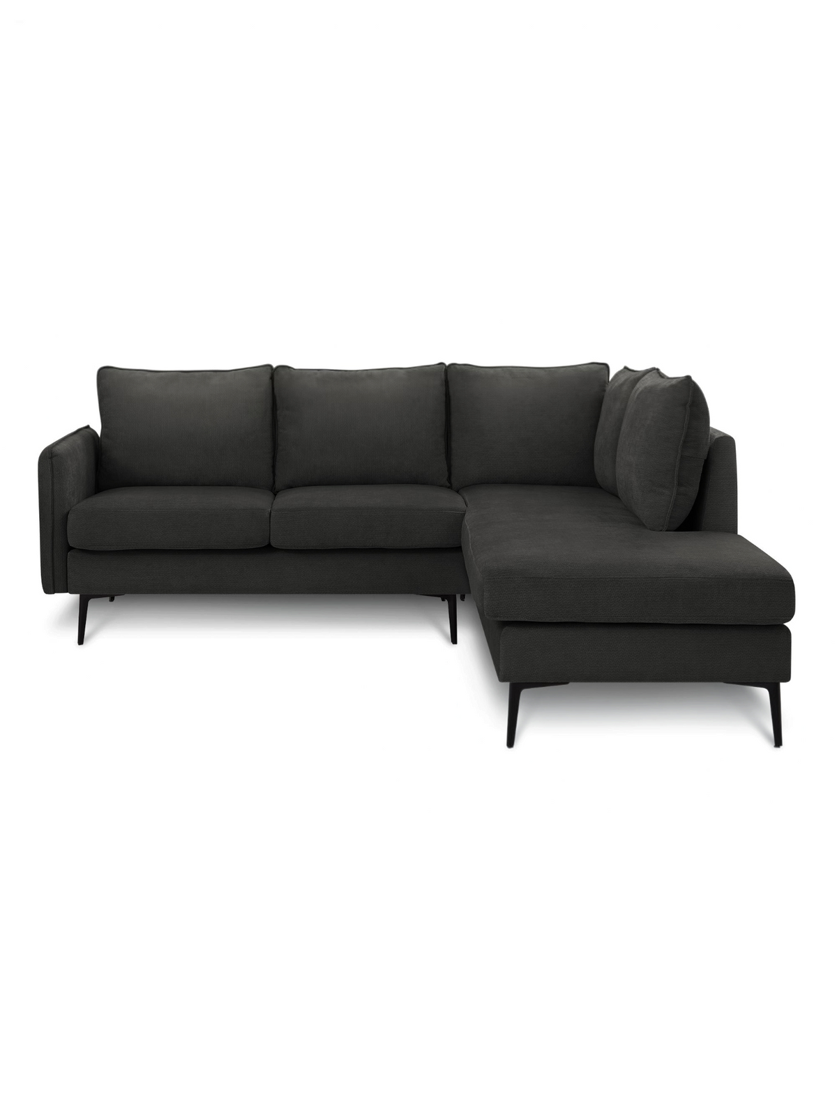Sofa sectionnel Prince de TOCO Meubles en tissu gris foncé avec méridienne et pieds en métal noir contemporains