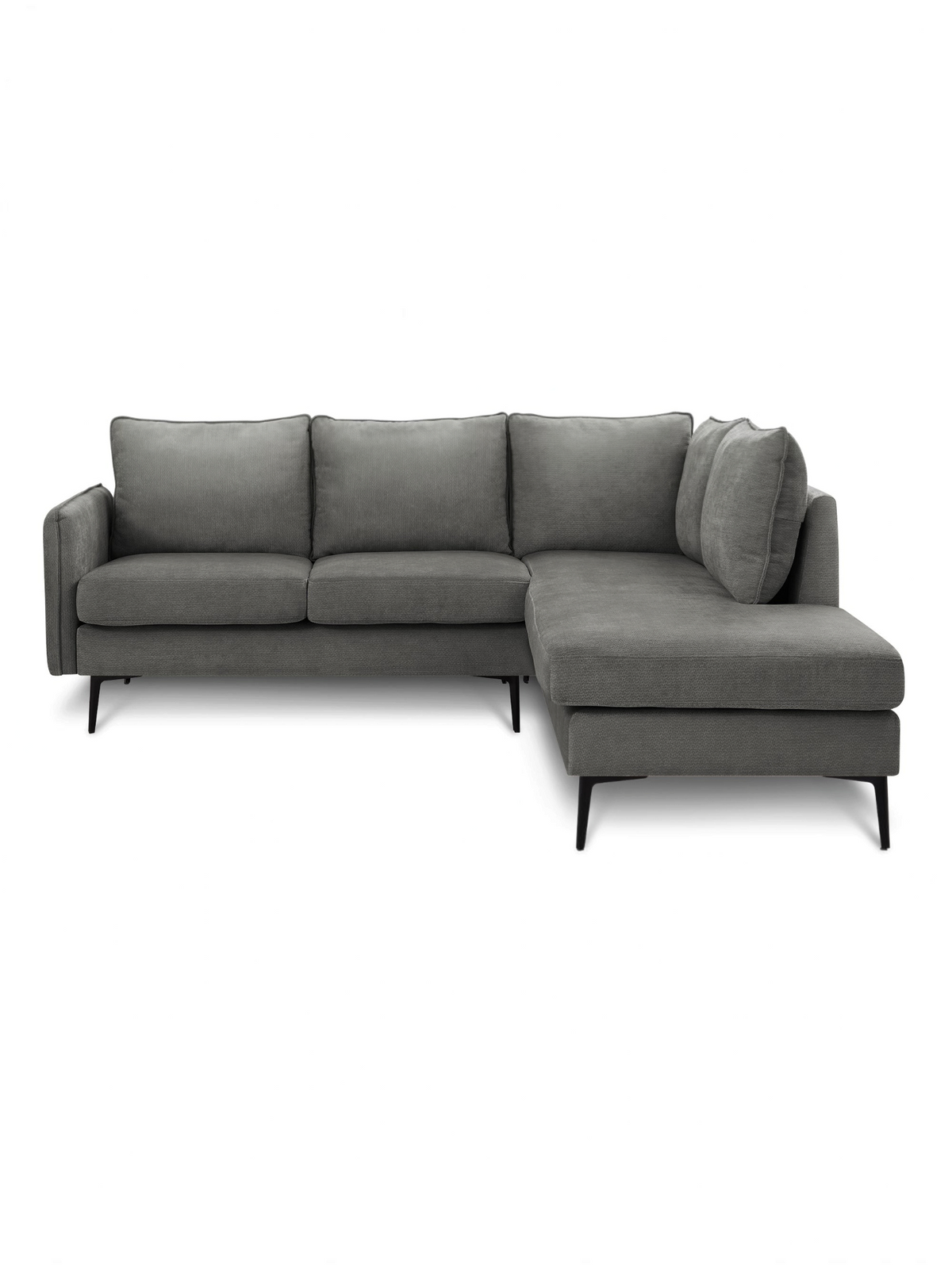 Sofa sectionnel Prince gris en tissu avec méridienne et pieds en métal noir, style contemporain par TOCO Meubles