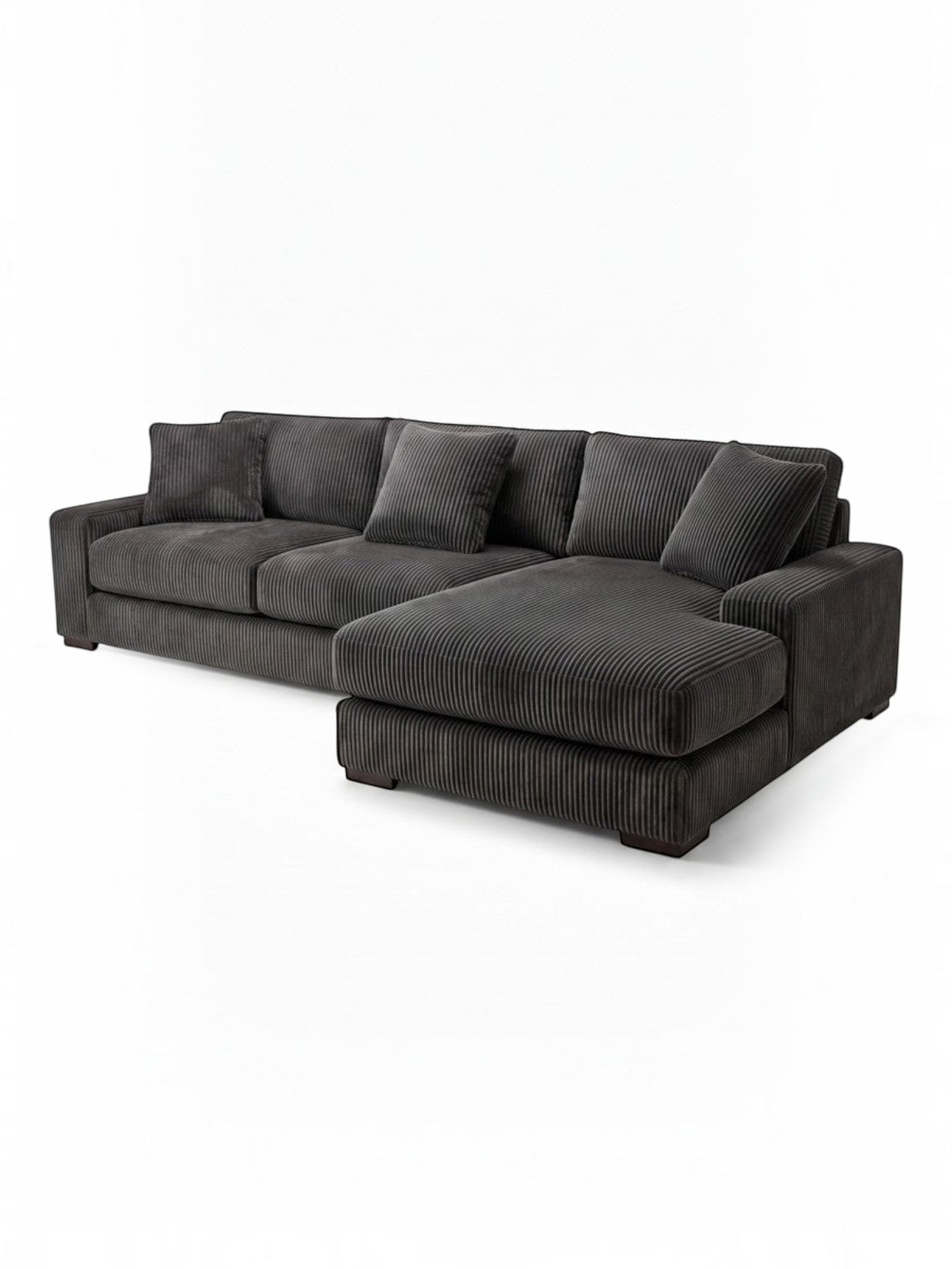 Sofa sectionnel TOCO Meubles Alpaga en velours côtelé gris foncé avec méridienne et coussins décoratifs