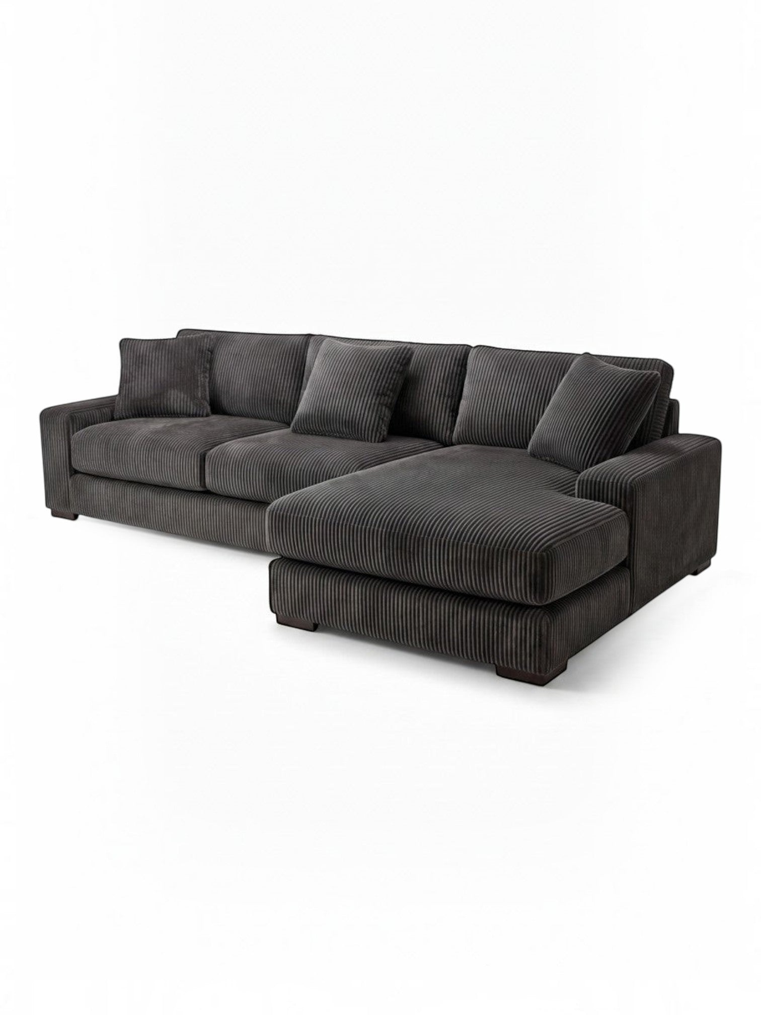 Sofa sectionnel TOCO Meubles Alpaga en velours côtelé gris foncé avec méridienne et coussins décoratifs
