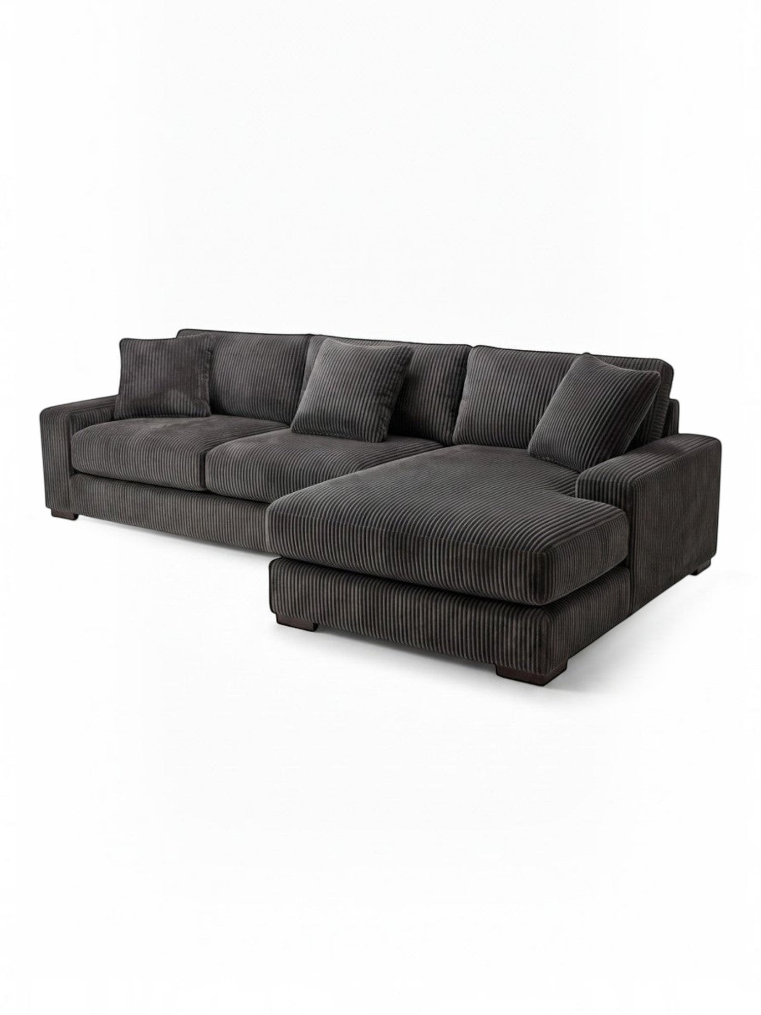 Sofa sectionnel TOCO Meubles Alpaga en velours côtelé gris foncé avec méridienne et coussins décoratifs