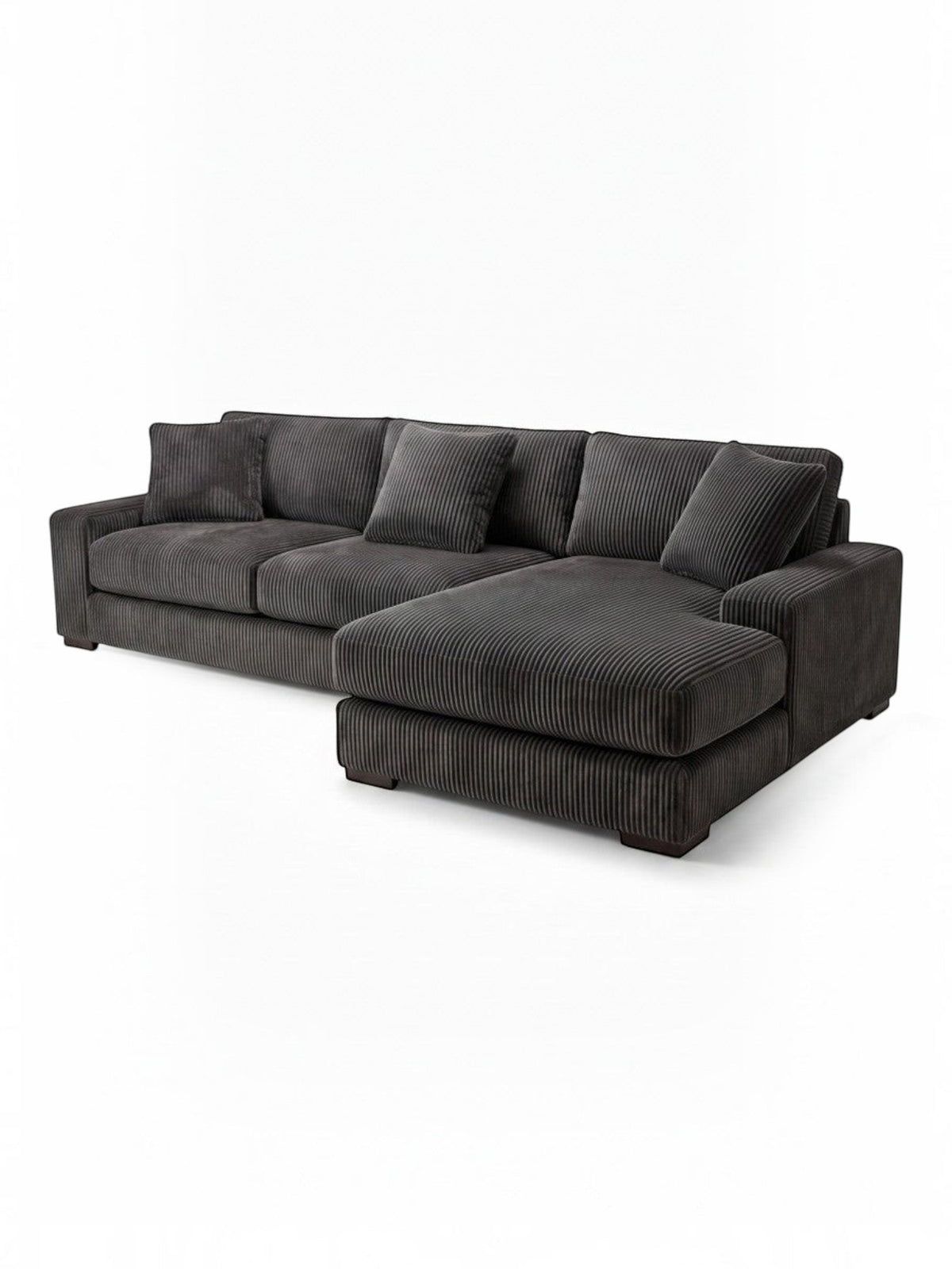 Sofa sectionnel TOCO Meubles Alpaga en velours côtelé gris foncé avec méridienne et coussins décoratifs