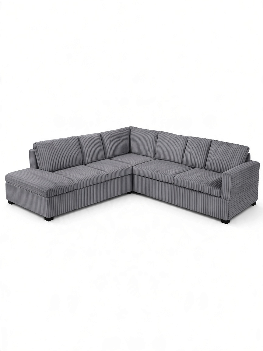 Sofa sectionnel en L Arys de TOCO Meubles en velours côtelé gris avec méridienne et assises profondes