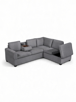 Sofa sectionnel en L TOCO Meubles en velours côtelé gris avec console centrale, porte-gobelets et rangement intégré
