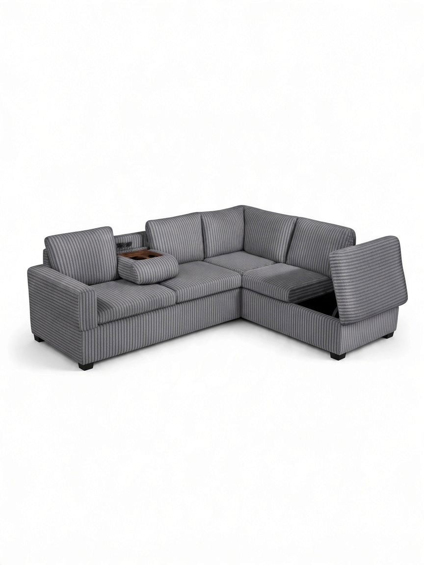 Sofa sectionnel en L TOCO Meubles en velours côtelé gris avec console centrale, porte-gobelets et rangement intégré