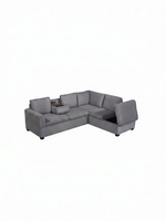 Sofa sectionnel en L gris en velours côtelé TOCO Meubles avec console centrale, porte-gobelets et rangement intégré