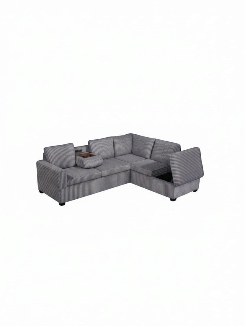 Sofa sectionnel en L gris en velours côtelé TOCO Meubles avec console centrale, porte-gobelets et rangement intégré