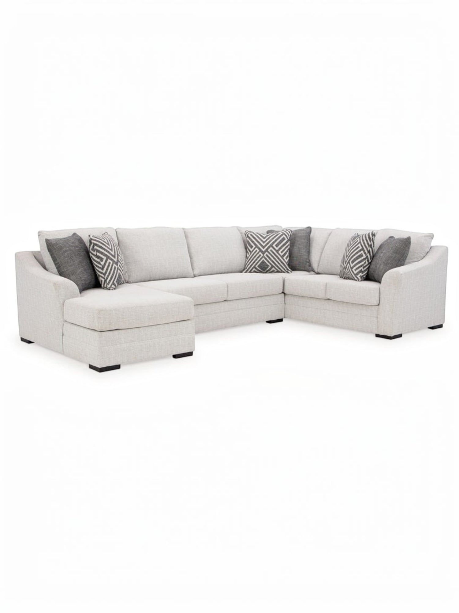 Sofa sectionnel TOCO Meubles Koralynn en tissu gris clair avec méridienne et coussins décoratifs à motifs