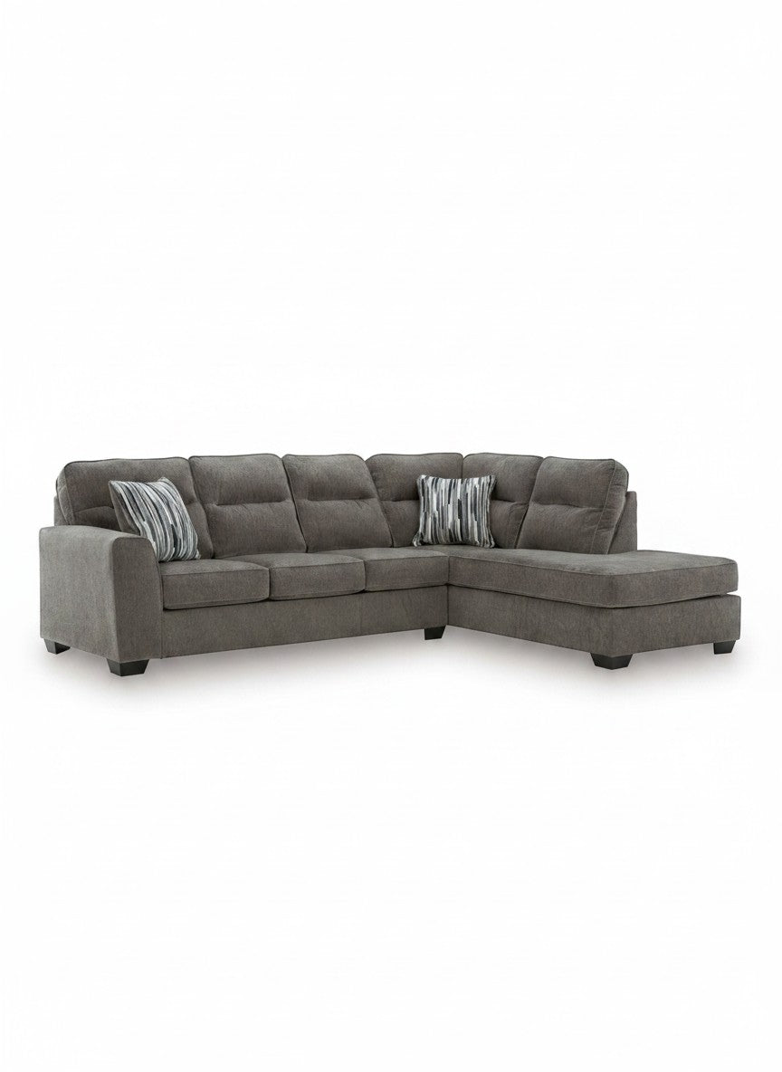 Sofa sectionnel Brutus de TOCO Meubles en tissu gris avec méridienne et coussins décoratifs à motifs