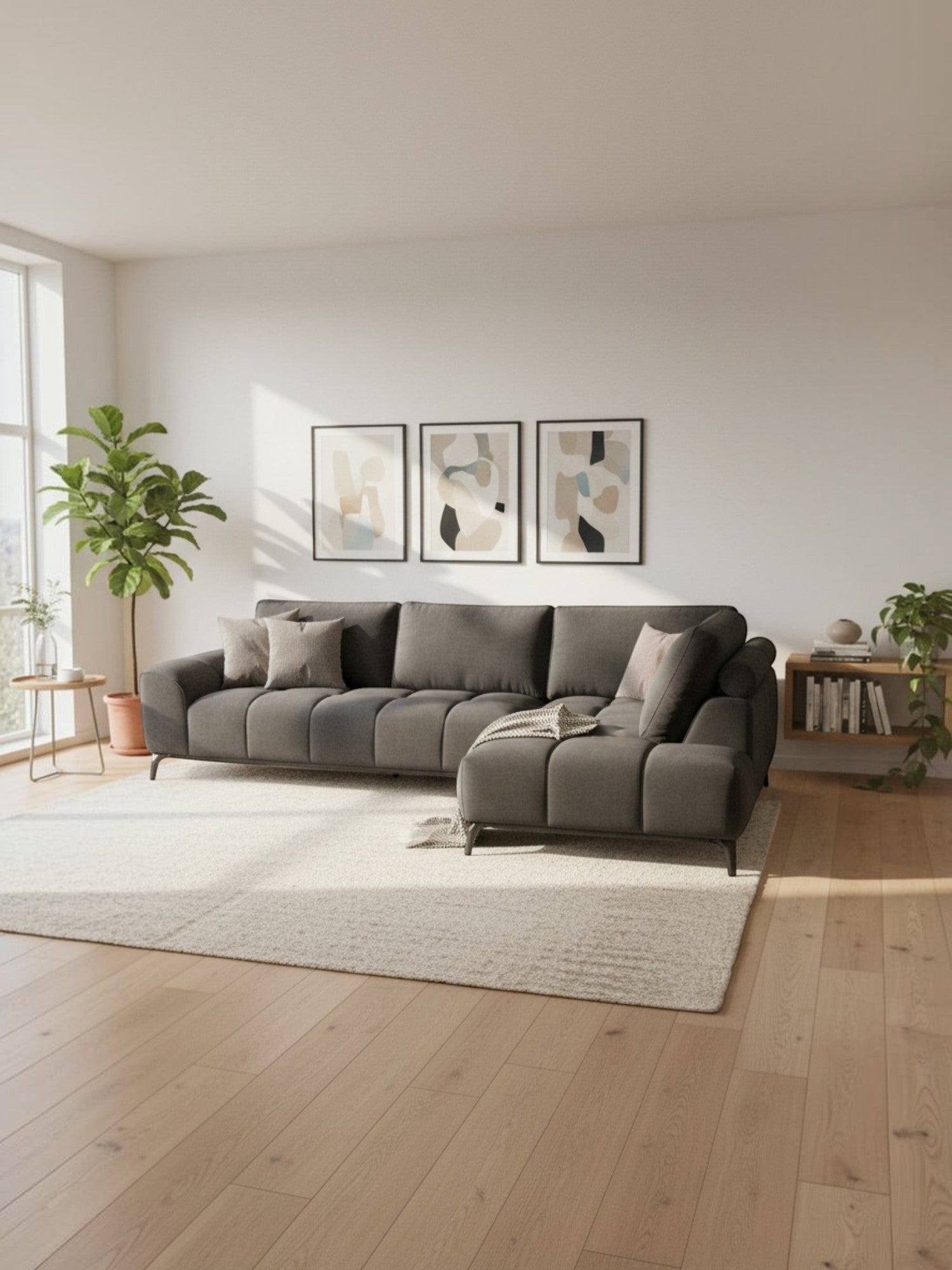 Sofa sectionnel gris TOCO Meubles avec méridienne dans un salon moderne lumineux avec parquet et plantes