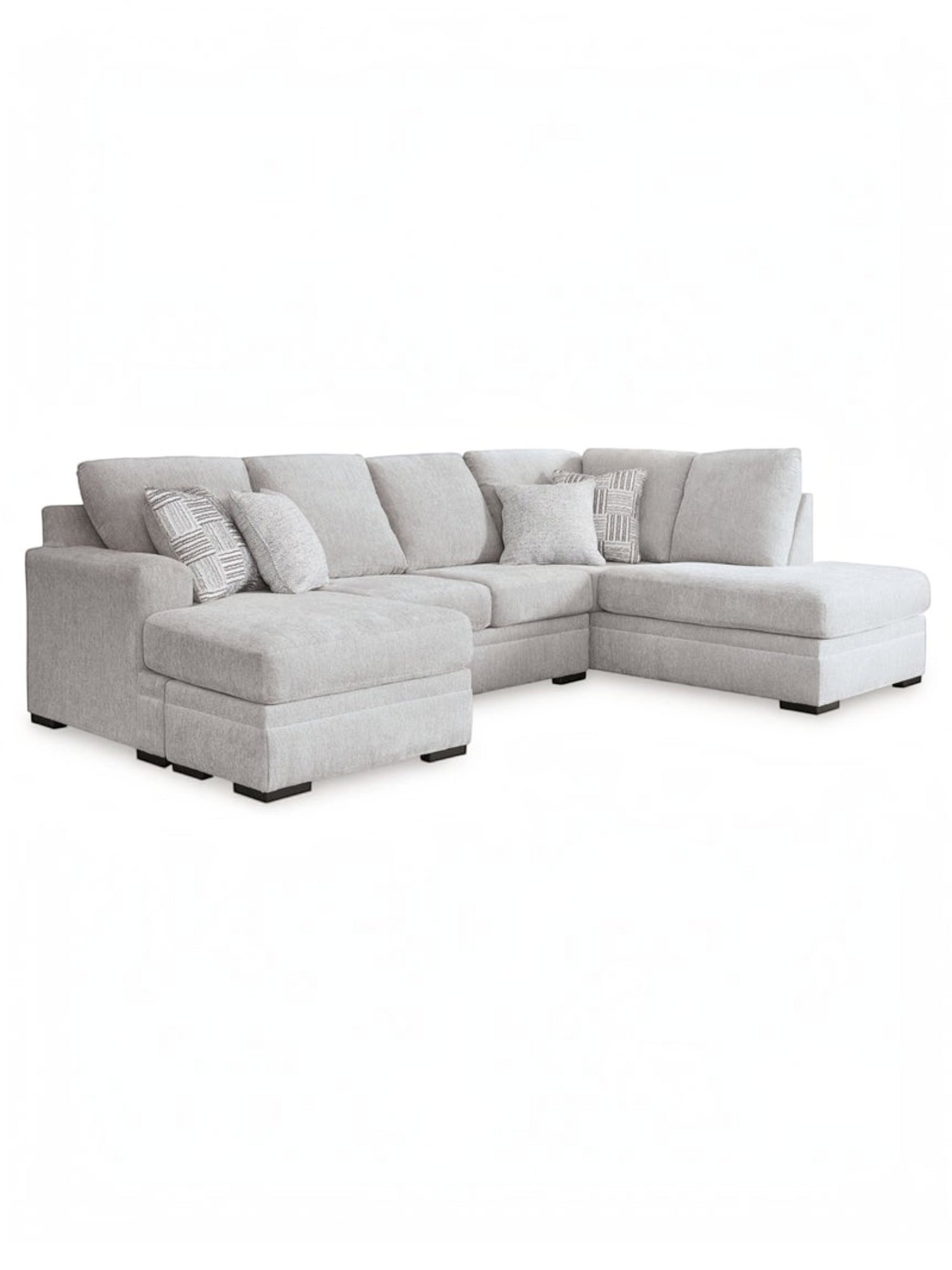 Sofa sectionnel Gaby de TOCO Meubles en tissu gris clair avec méridiennes et coussins décoratifs assortis
