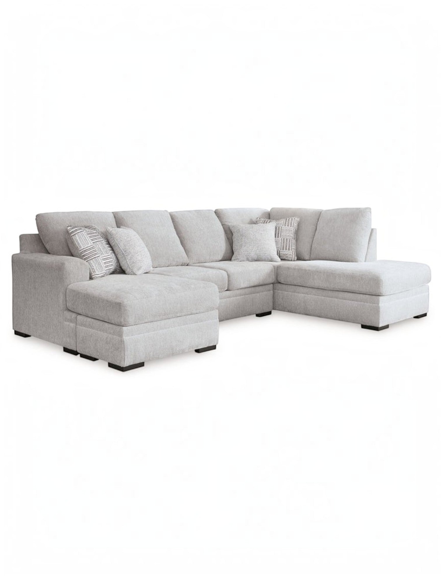 Sofa sectionnel Gaby de TOCO Meubles en tissu gris clair avec méridiennes et coussins décoratifs assortis