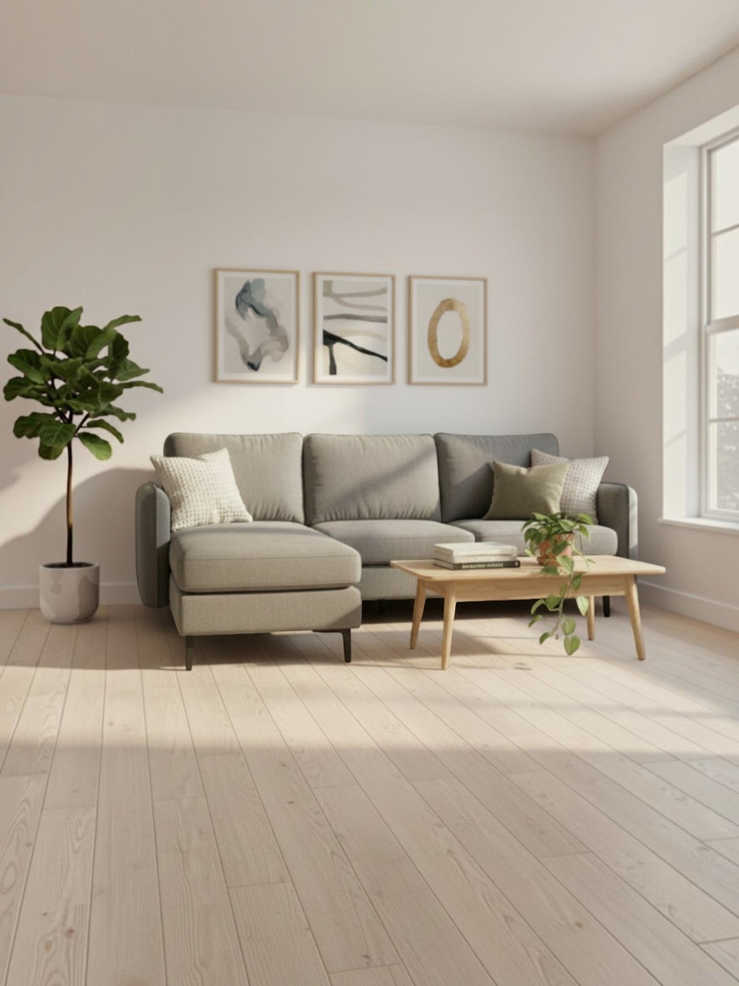 Sofa sectionnel Neo gris de TOCO Meubles dans un salon lumineux avec table basse en bois et plante verte