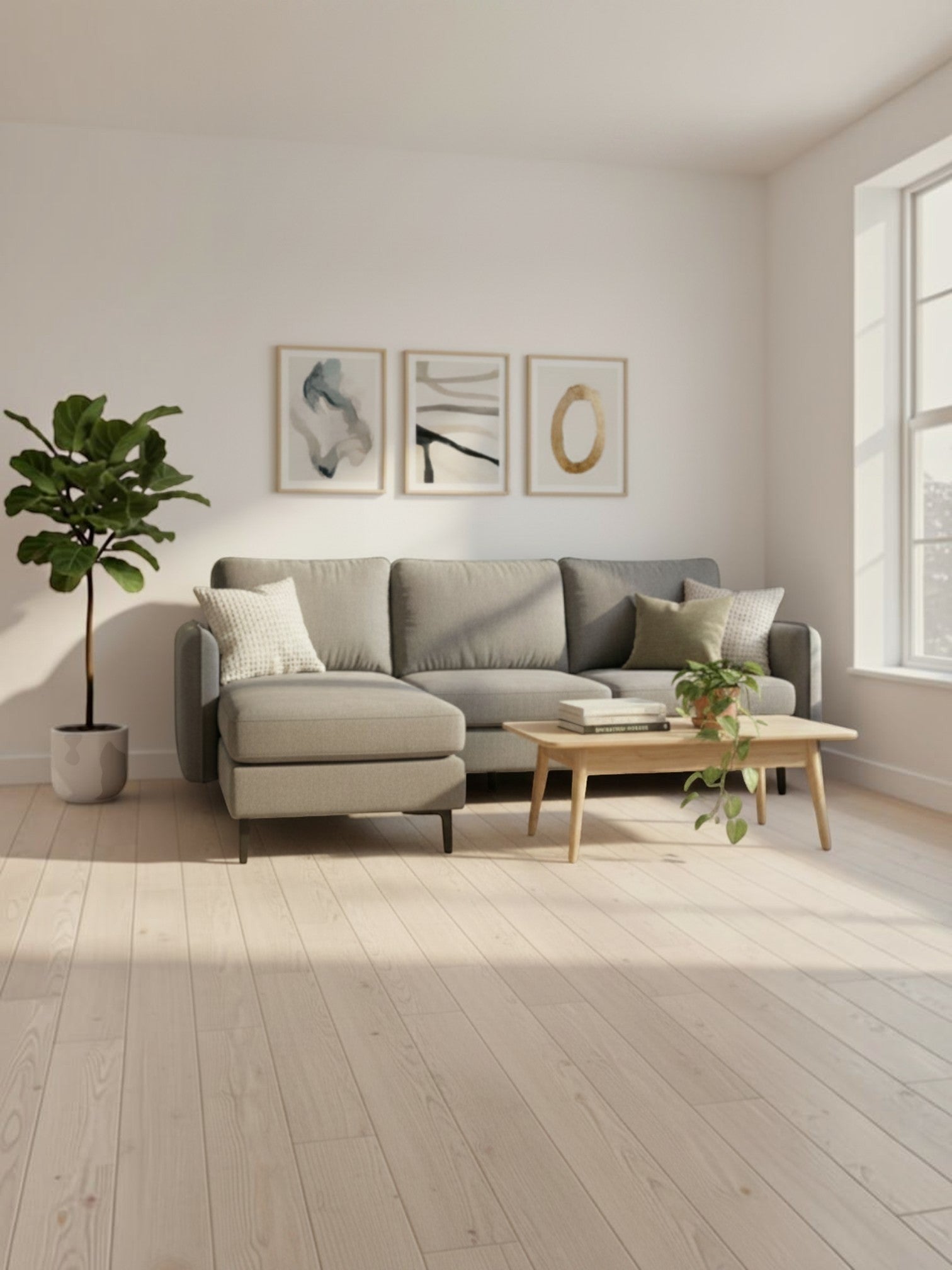 Sofa sectionnel Neo gris de TOCO Meubles dans un salon lumineux avec table basse en bois et plante verte