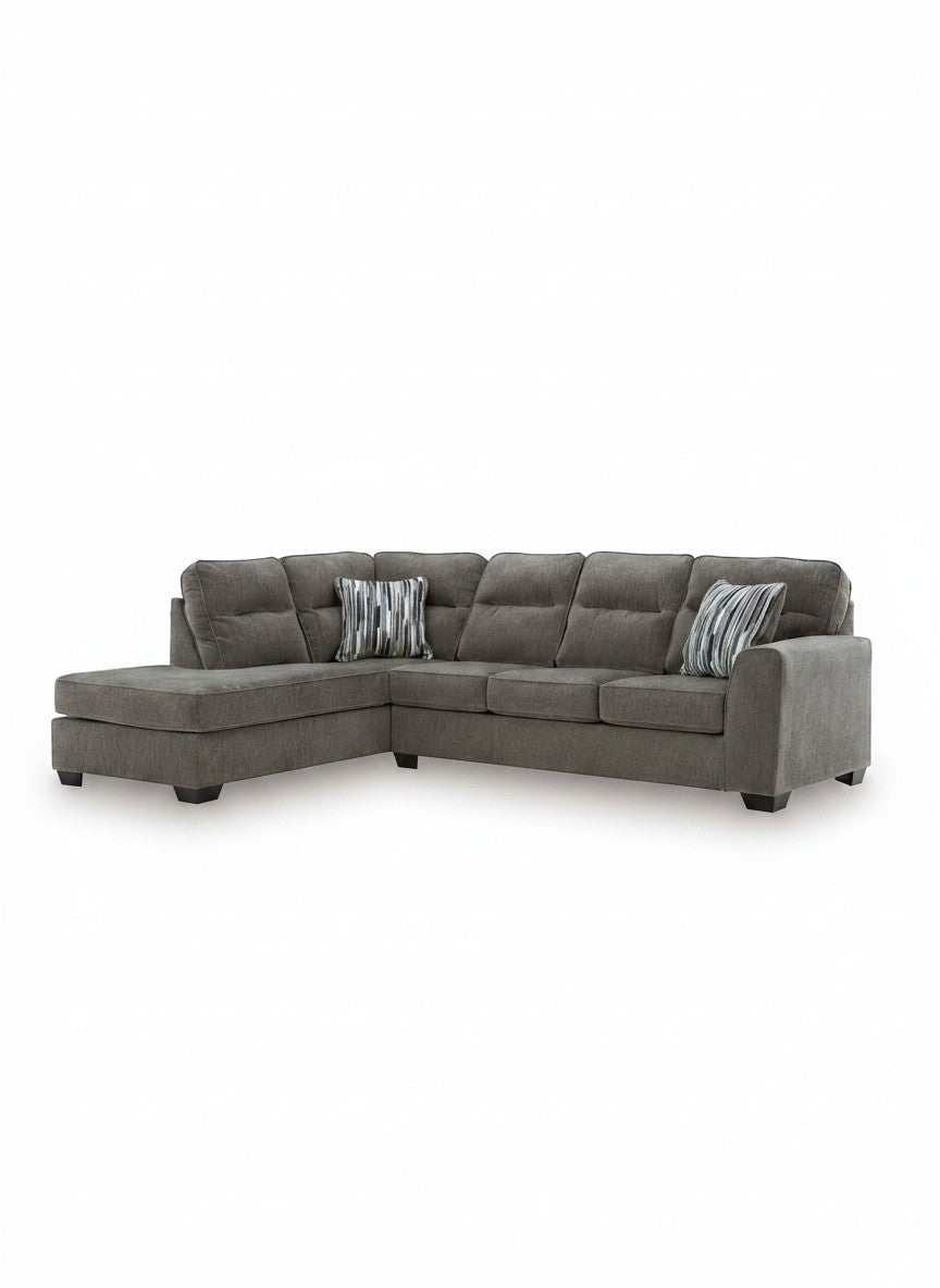 Sofa sectionnel Brutus de TOCO Meubles en tissu gris avec méridienne et coussins décoratifs rayés