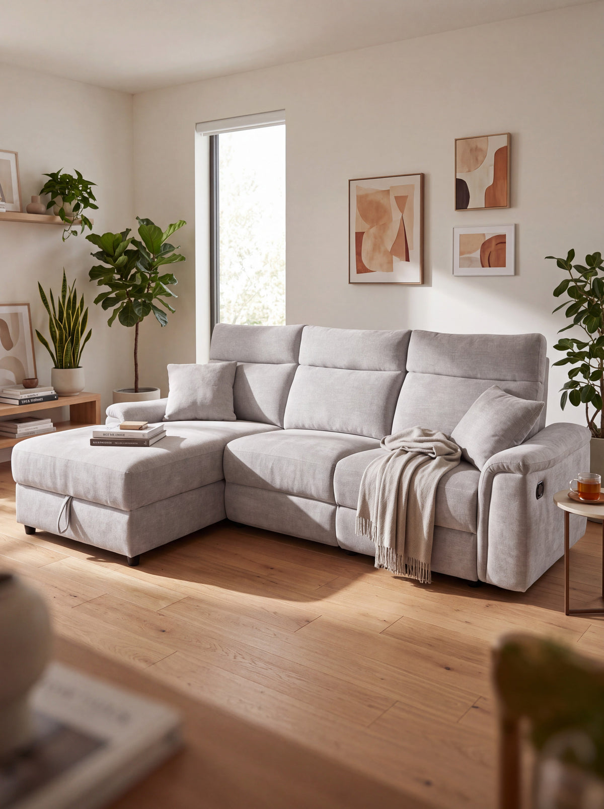 Sofa sectionnel inclinable gris pâle TOCO Meubles avec méridienne et rangement intégré dans un salon moderne.