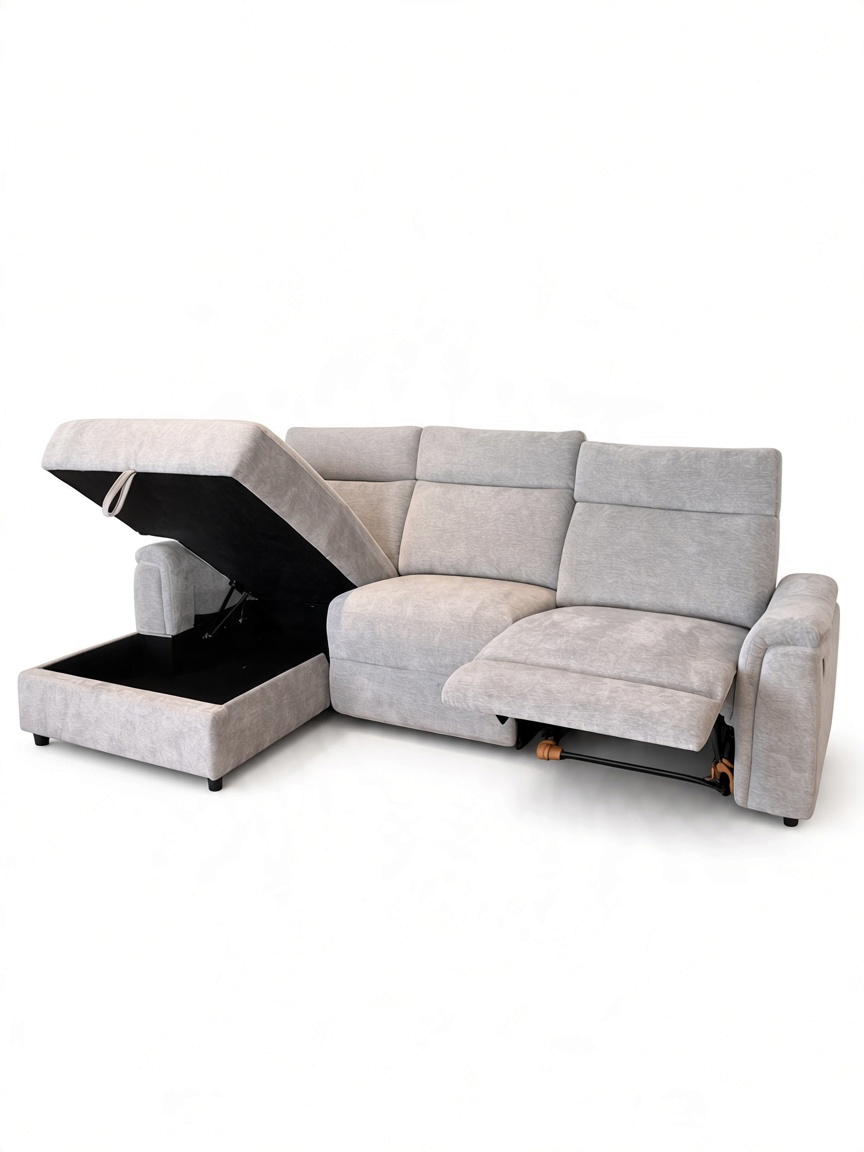 Sofa sectionnel inclinable TOCO Meubles gris pâle avec rangement intégré et repose-pieds déployé