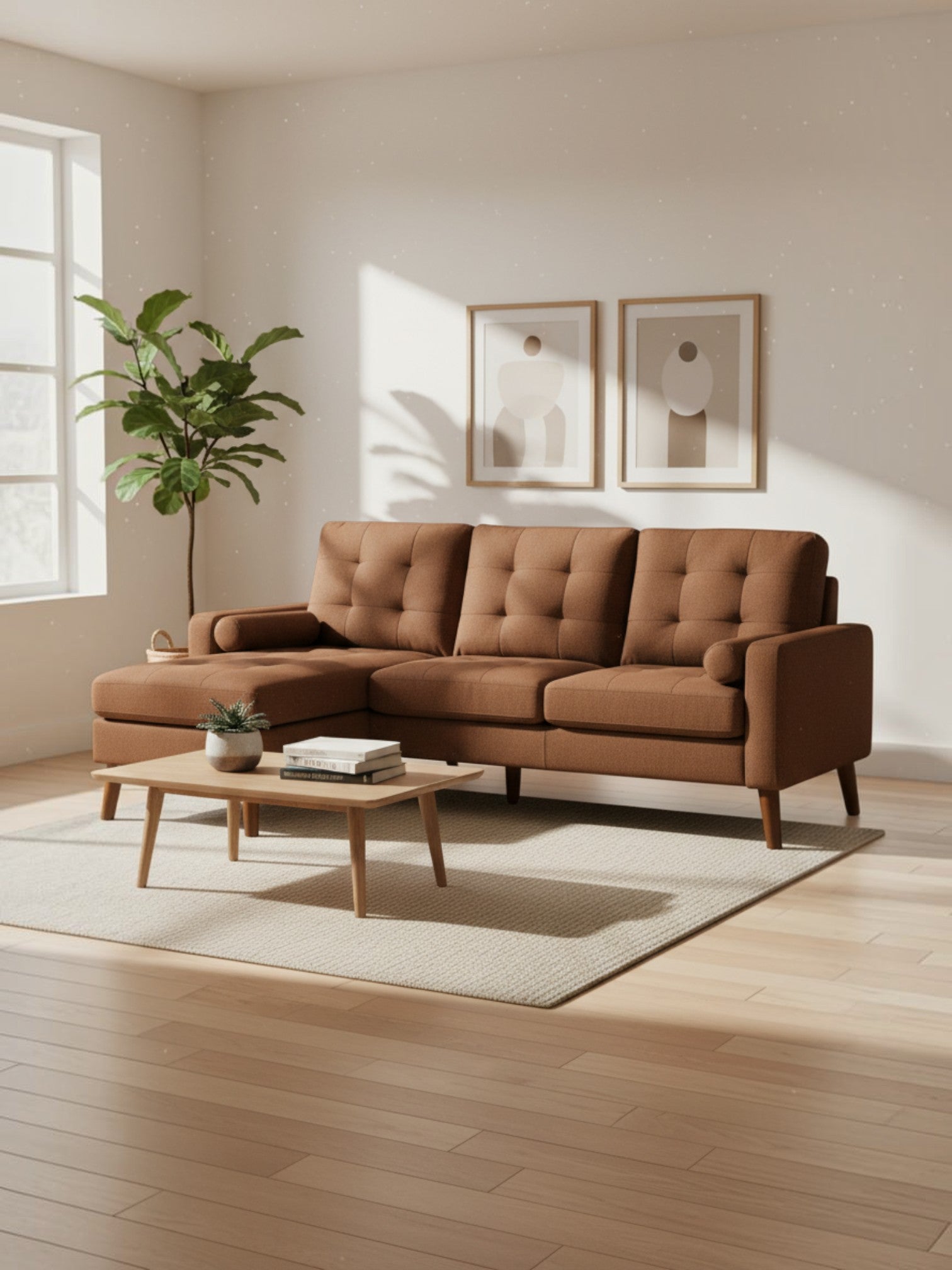 Sofa sectionnel Roumo de TOCO Meubles en tissu marron avec méridienne dans un salon lumineux et moderne