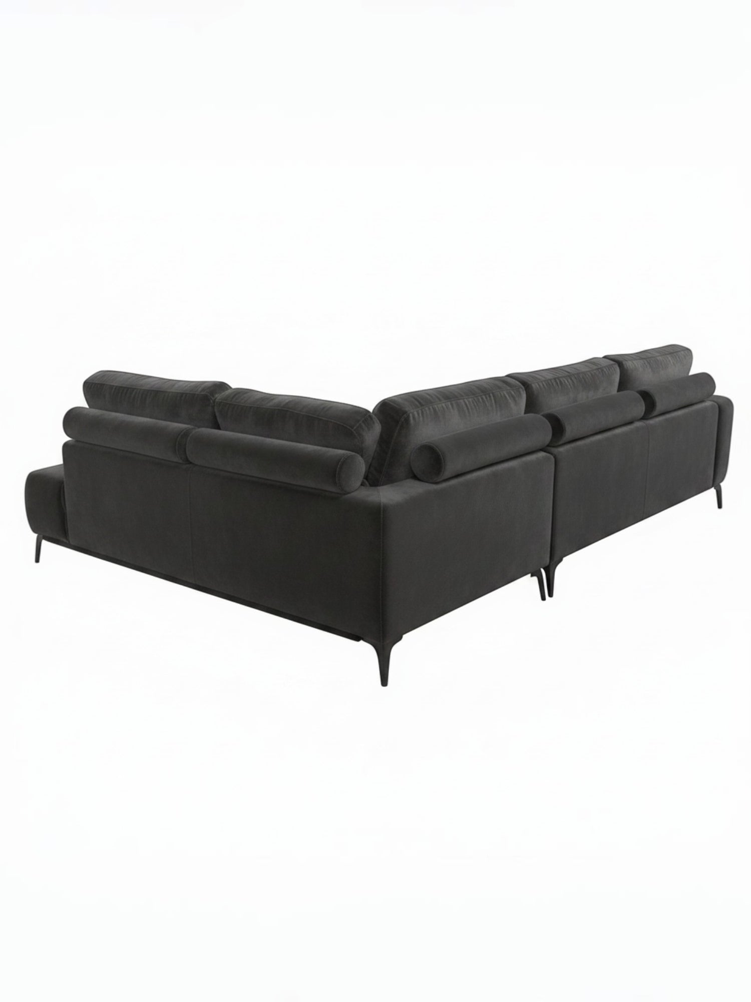 Sofa sectionnel Mathias par TOCO Meubles en velours gris foncé avec coussins cylindriques et pieds en métal noir