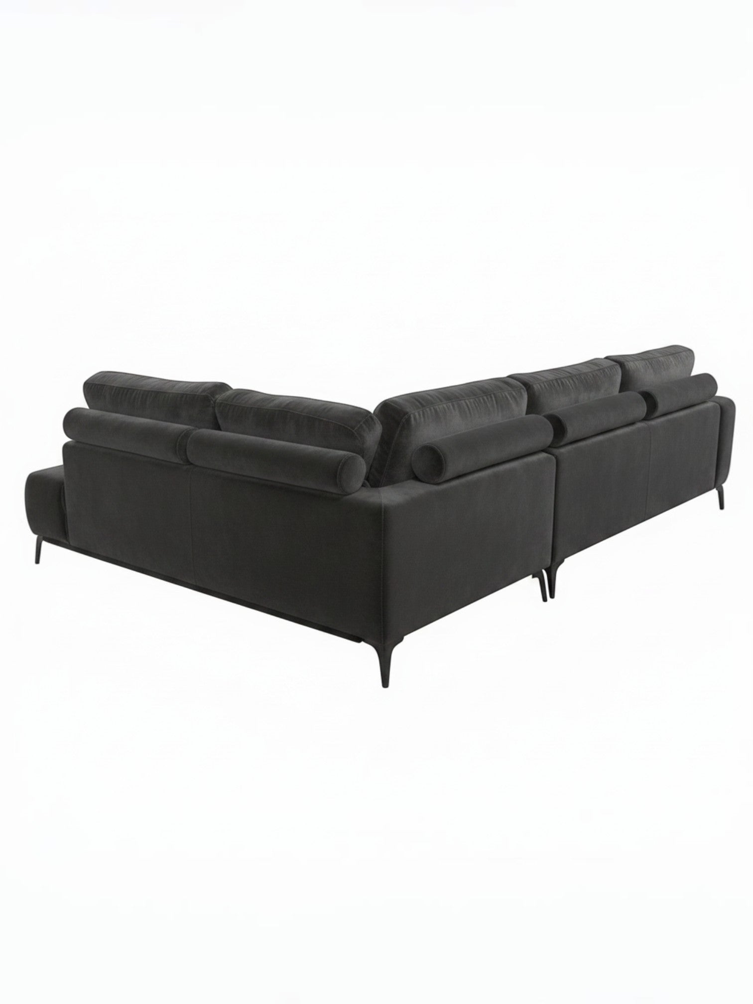 Sofa sectionnel Mathias par TOCO Meubles en velours gris foncé avec coussins cylindriques et pieds en métal noir