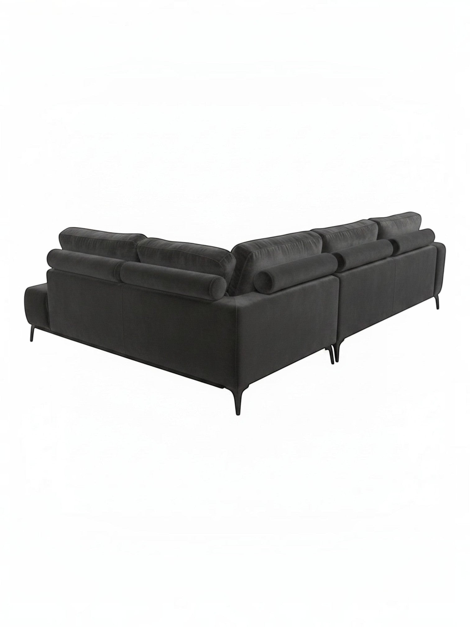 Sofa sectionnel Mathias par TOCO Meubles en velours gris foncé avec coussins cylindriques et pieds en métal noir