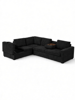 Sofa sectionnel en L TOCO Meubles en velours côtelé noir avec console centrale, porte-gobelets et rangement intégré