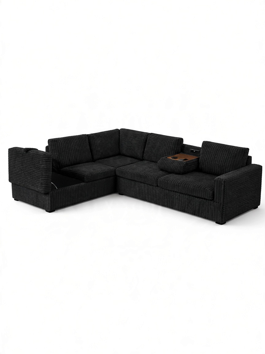 Sofa sectionnel en L TOCO Meubles en velours côtelé noir avec console centrale, porte-gobelets et rangement intégré