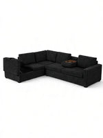 Sofa sectionnel en L noir en velours côtelé TOCO Meubles avec console centrale, porte-gobelets et rangement intégré