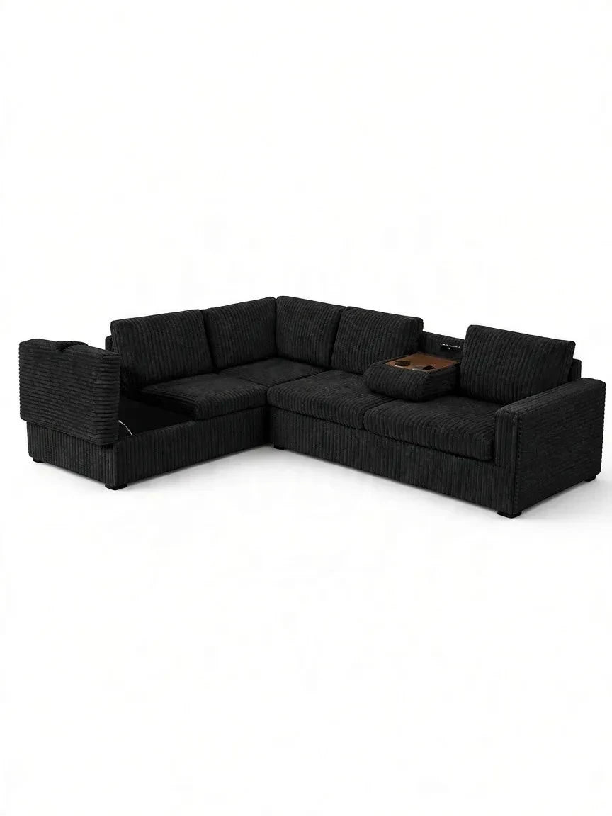 Sofa sectionnel en L noir en velours côtelé TOCO Meubles avec console centrale, porte-gobelets et rangement intégré