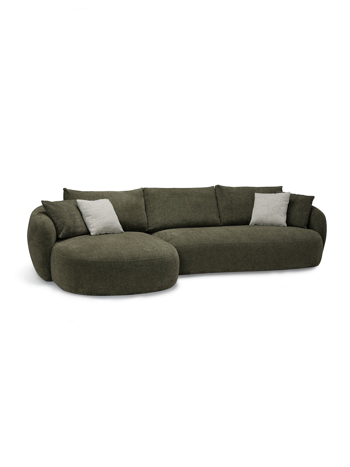 Sofa sectionnel Olia de TOCO Meubles avec chaise longue, revêtement en tissu texturé gris foncé et coussins décoratifs