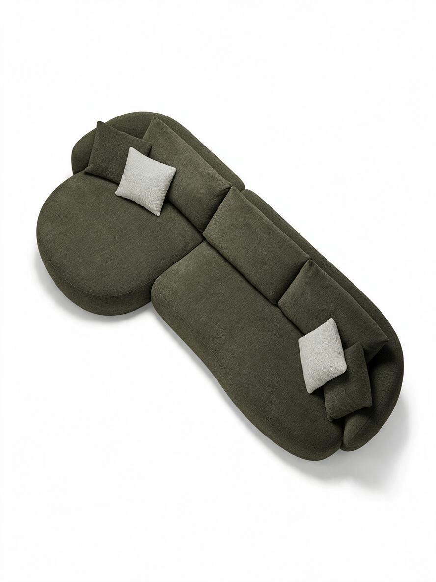 Sofa sectionnel Olia par TOCO Meubles en tissu vert olive avec chaise longue et coussins décoratifs texturés