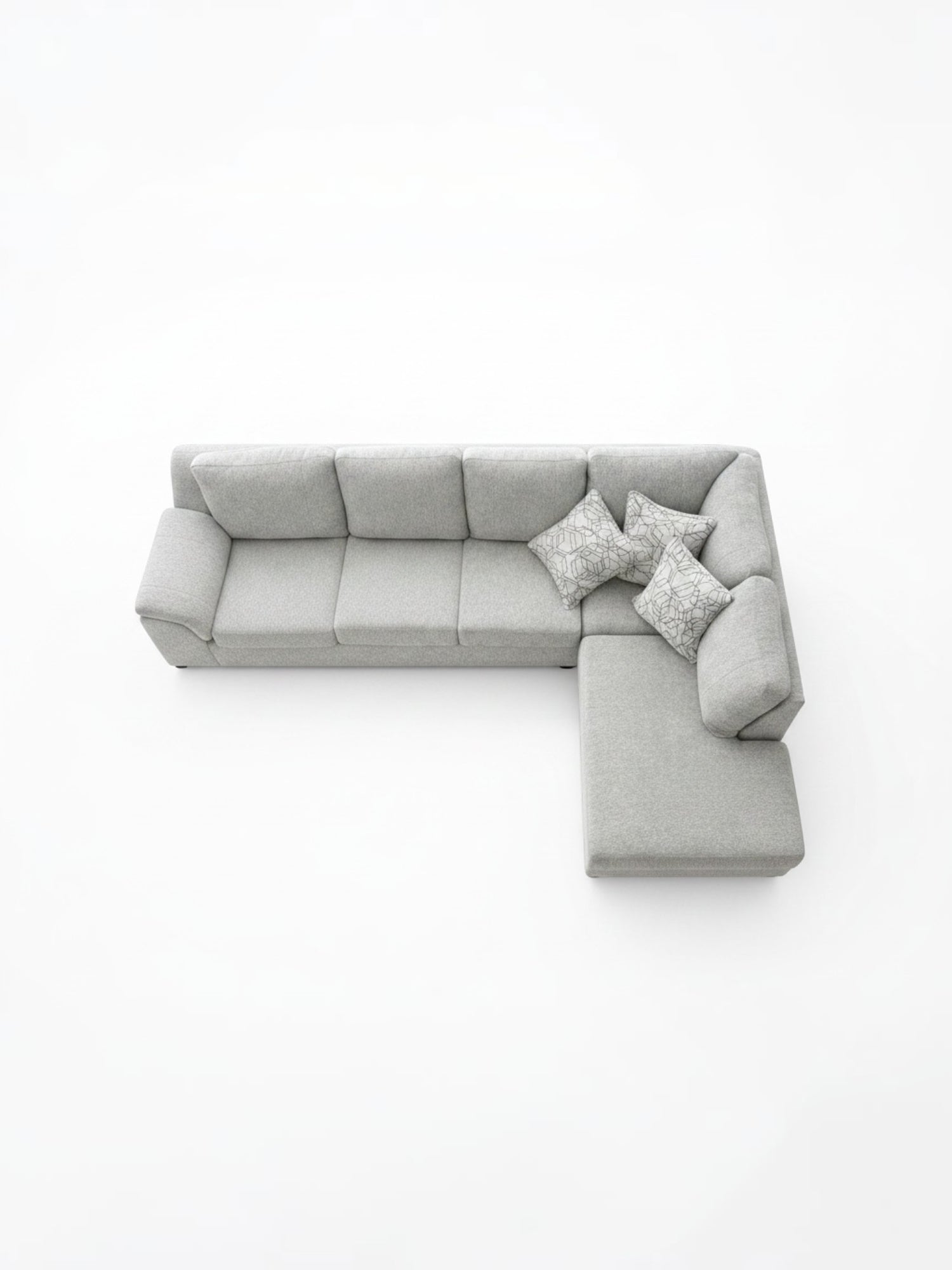 Sofa sectionnel gris TOCO Meubles avec méridienne et coussins décoratifs à motifs, vue de dessus.