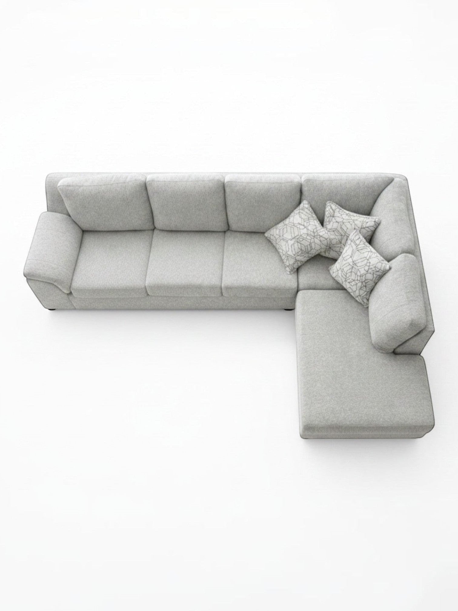 Sofa sectionnel gris TOCO Meubles avec méridienne et coussins décoratifs à motifs, vue de dessus.