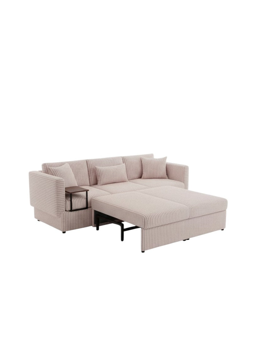 Sofa sectionnel Snug TOCO Meubles en tissu côtelé rose poudré avec méridienne convertible et tablette latérale