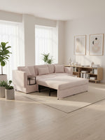 Sofa sectionnel Snug TOCO Meubles rose pâle en tissu rayé avec pouf intégré dans un salon moderne et lumineux
