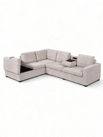 Sofa sectionnel en L TOCO Meubles en velours côtelé beige avec console centrale, porte-gobelets et rangement intégré