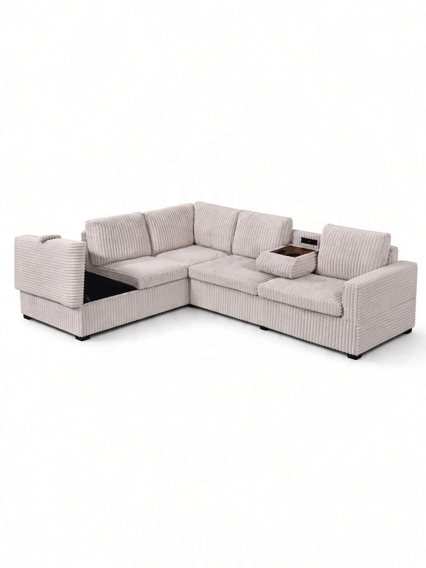 Sofa sectionnel en L TOCO Meubles en velours côtelé beige avec console centrale, porte-gobelets et rangement intégré
