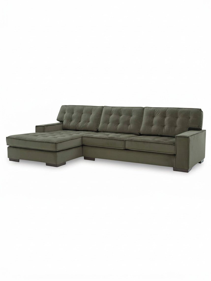 Sofa sectionnel Nino TOCO Meubles en velours vert olive avec dossier capitonné et méridienne